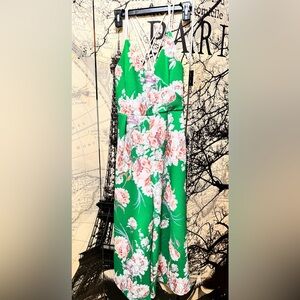 EUC Jumpsuit stretchy green floral rose peony cross strap back
